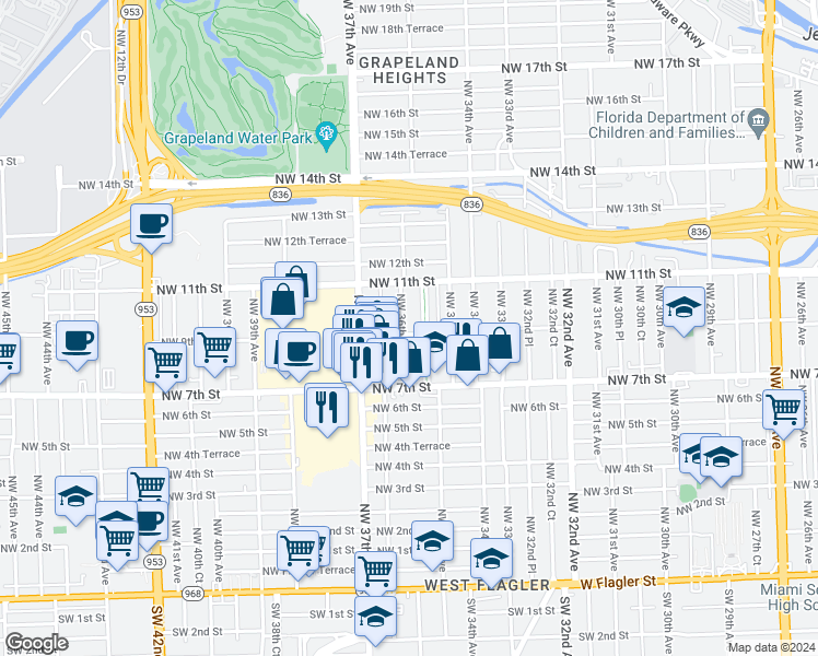 map of restaurants, bars, coffee shops, grocery stores, and more near 814 Northwest 36th Avenue in Miami