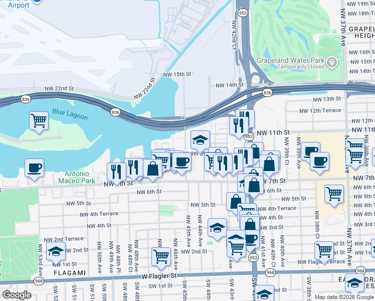 map of restaurants, bars, coffee shops, grocery stores, and more near 891 Northwest 45th Avenue in Miami