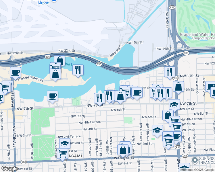 map of restaurants, bars, coffee shops, grocery stores, and more near 4805 Northwest 7th Street in Miami