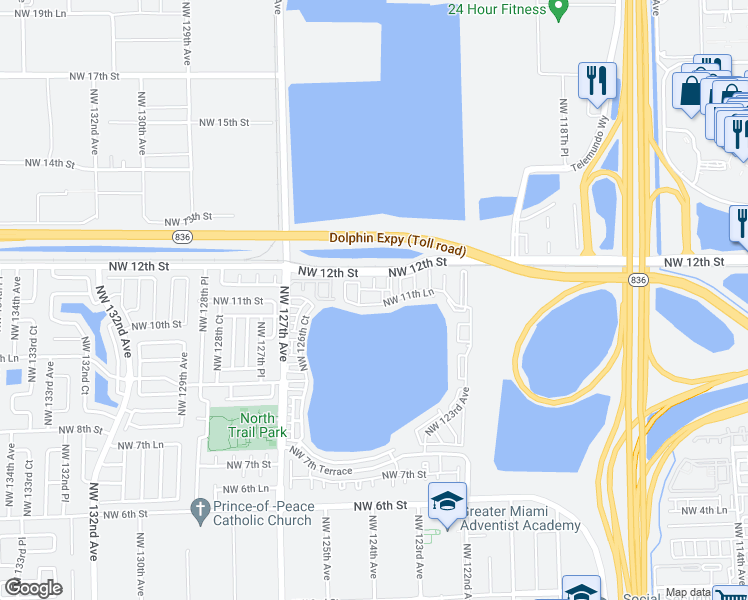 map of restaurants, bars, coffee shops, grocery stores, and more near 12506 Northwest 11th Lane in Miami