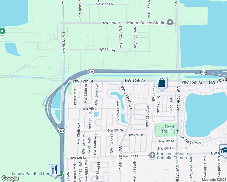 map of restaurants, bars, coffee shops, grocery stores, and more near 1023 Northwest 133rd Avenue in Miami