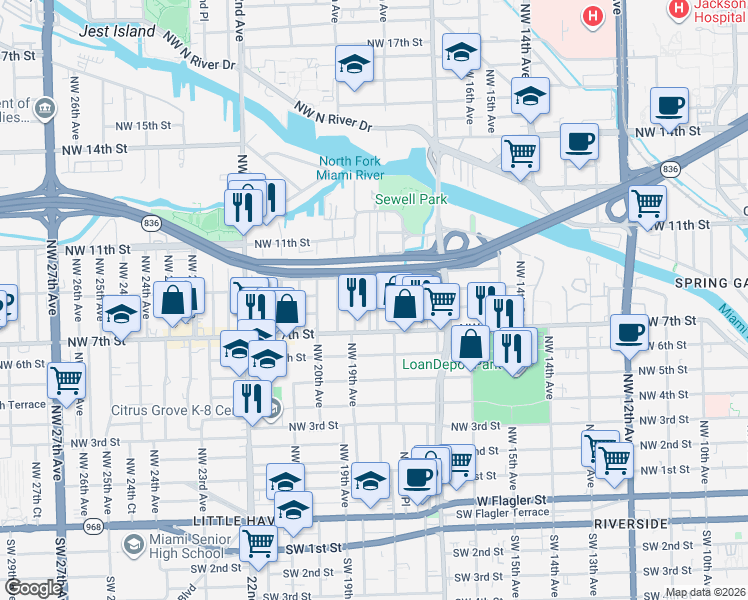 map of restaurants, bars, coffee shops, grocery stores, and more near 736 Northwest 18th Place in Miami