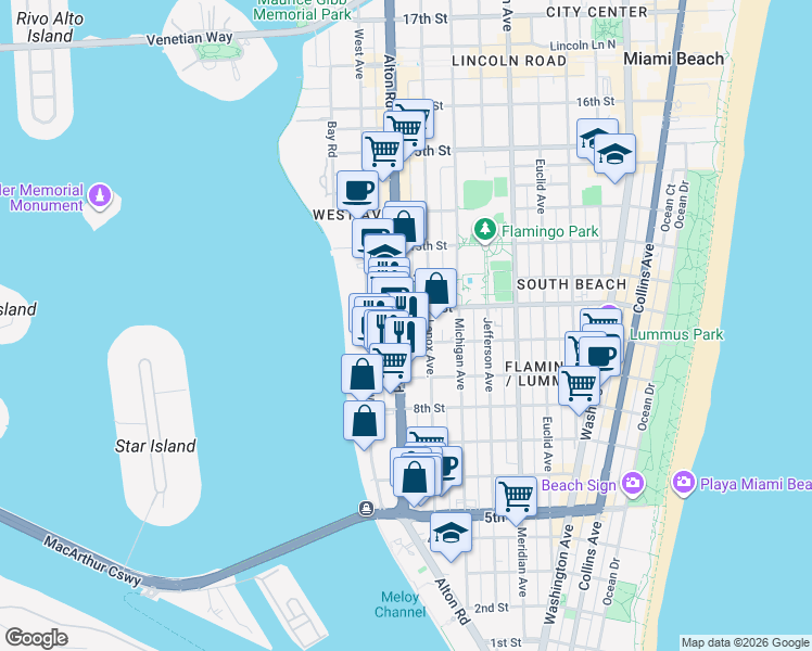 map of restaurants, bars, coffee shops, grocery stores, and more near 1011 Alton Road in Miami Beach