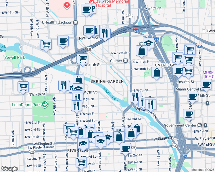 map of restaurants, bars, coffee shops, grocery stores, and more near 700N Northwest North River Drive in Miami