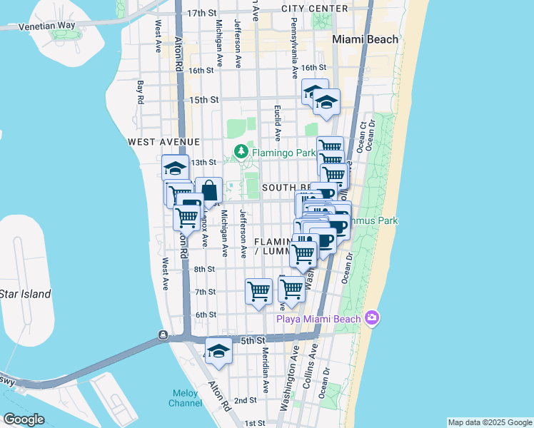 map of restaurants, bars, coffee shops, grocery stores, and more near 732 10th Street in Miami Beach
