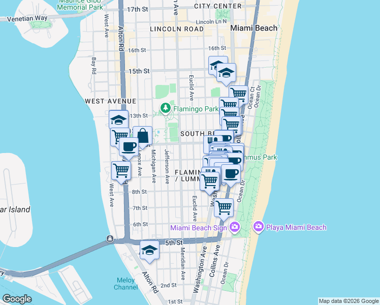 map of restaurants, bars, coffee shops, grocery stores, and more near 732 10th Street in Miami Beach
