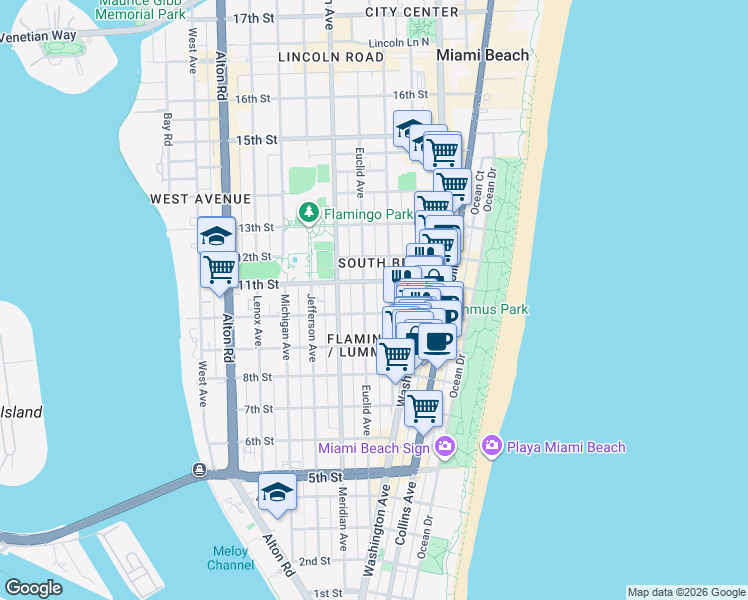 map of restaurants, bars, coffee shops, grocery stores, and more near 950 Pennsylvania Avenue in Miami Beach