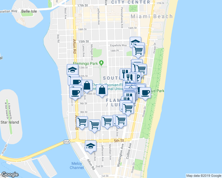 map of restaurants, bars, coffee shops, grocery stores, and more near 732 10th Street in Miami Beach