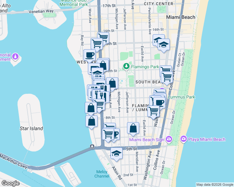 map of restaurants, bars, coffee shops, grocery stores, and more near 1006 10th Street in Miami Beach