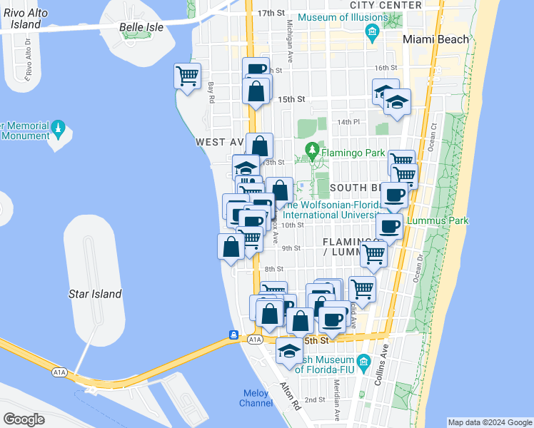 map of restaurants, bars, coffee shops, grocery stores, and more near 1011 Alton Road in Miami Beach
