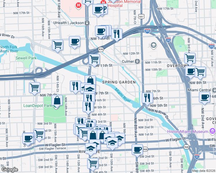 map of restaurants, bars, coffee shops, grocery stores, and more near 1001 Northwest 7th Street in Miami