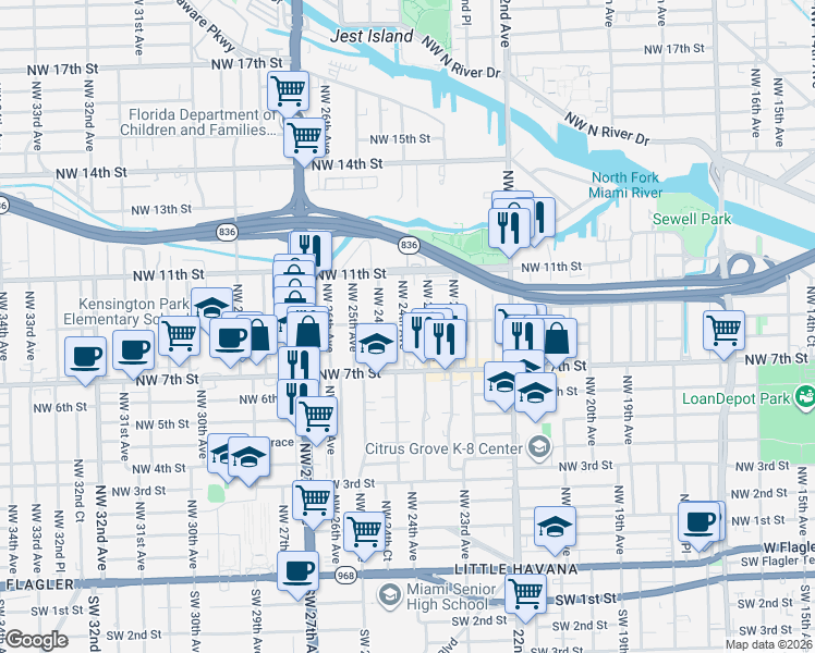 map of restaurants, bars, coffee shops, grocery stores, and more near 745 Northwest 24th Avenue in Miami