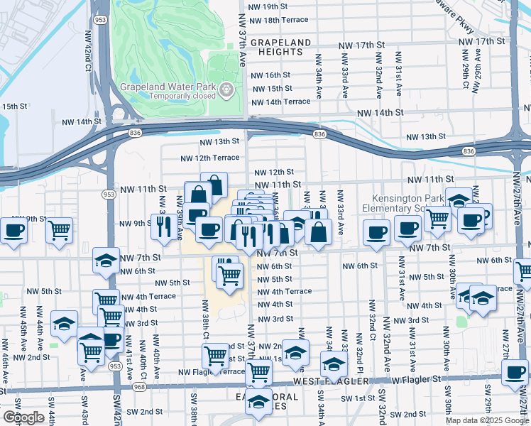 map of restaurants, bars, coffee shops, grocery stores, and more near 814 Northwest 36th Avenue in Miami