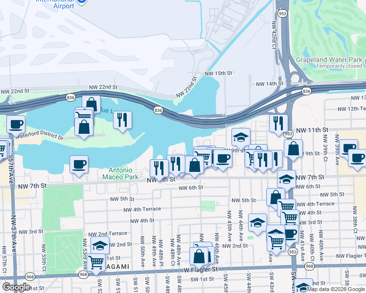 map of restaurants, bars, coffee shops, grocery stores, and more near 4805 Northwest 7th Street in Miami