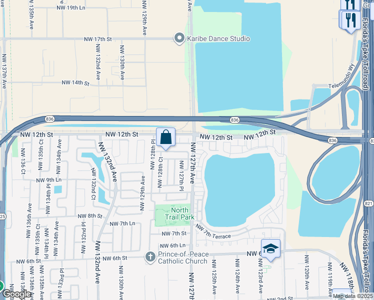map of restaurants, bars, coffee shops, grocery stores, and more near 12725 Northwest 10th Lane in Miami