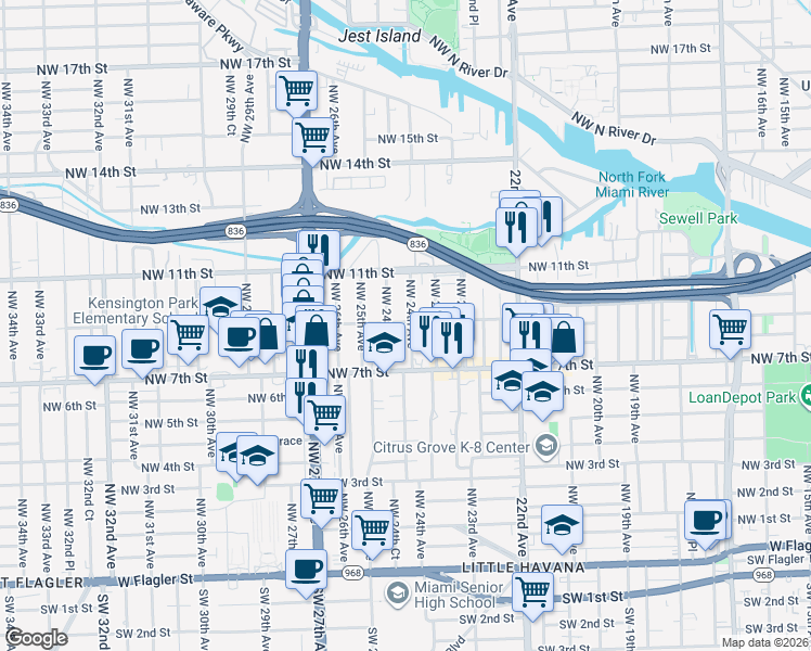 map of restaurants, bars, coffee shops, grocery stores, and more near 745 Northwest 24th Avenue in Miami