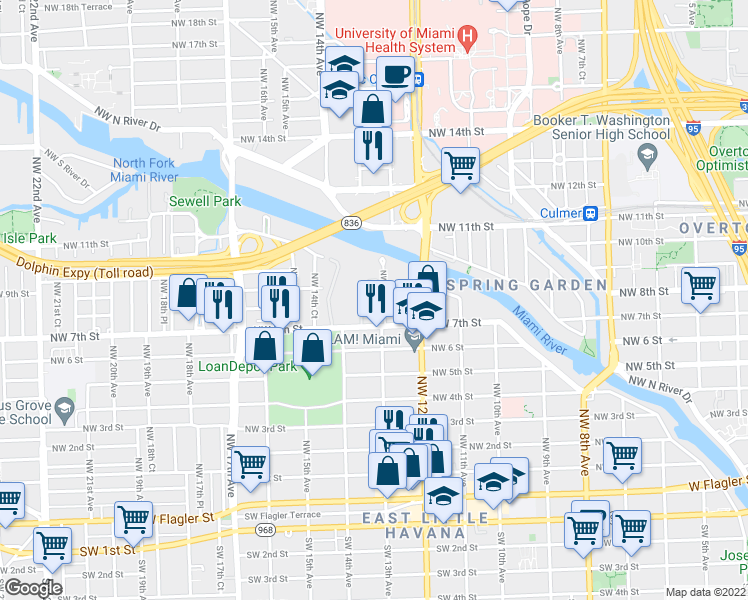 map of restaurants, bars, coffee shops, grocery stores, and more near 800 Northwest 13th Avenue in Miami