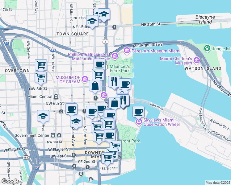 map of restaurants, bars, coffee shops, grocery stores, and more near in Miami