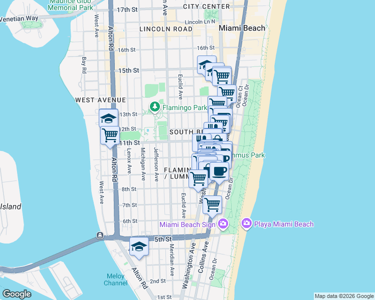 map of restaurants, bars, coffee shops, grocery stores, and more near 950 Pennsylvania Avenue in Miami Beach