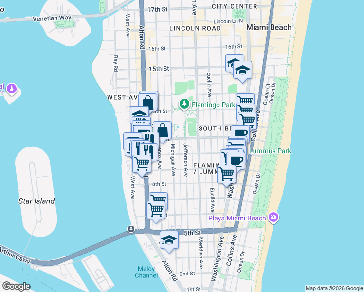 map of restaurants, bars, coffee shops, grocery stores, and more near 960 Jefferson Avenue in Miami Beach