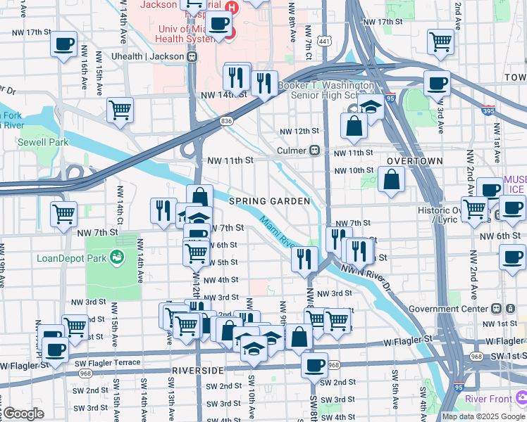 map of restaurants, bars, coffee shops, grocery stores, and more near 980 Northwest North River Drive in Miami