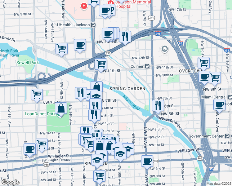 map of restaurants, bars, coffee shops, grocery stores, and more near 1001 Northwest 7th Street in Miami