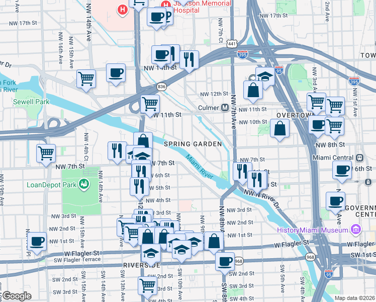 map of restaurants, bars, coffee shops, grocery stores, and more near 980 Northwest North River Drive in Miami