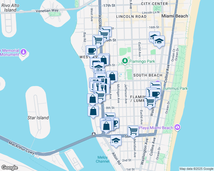 map of restaurants, bars, coffee shops, grocery stores, and more near 1011 Alton Road in Miami Beach