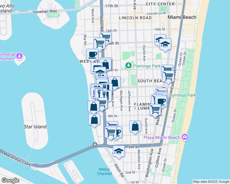 map of restaurants, bars, coffee shops, grocery stores, and more near 1006 10th Street in Miami Beach