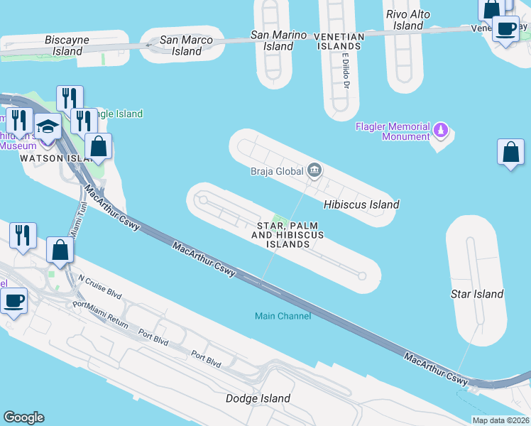 map of restaurants, bars, coffee shops, grocery stores, and more near 195 North Coconut Lane in Miami Beach