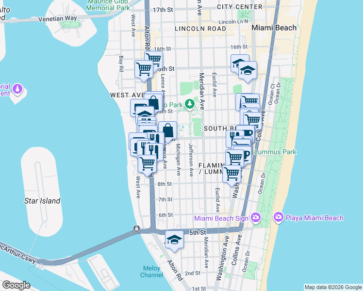 map of restaurants, bars, coffee shops, grocery stores, and more near 1052 Jefferson Avenue in Miami Beach