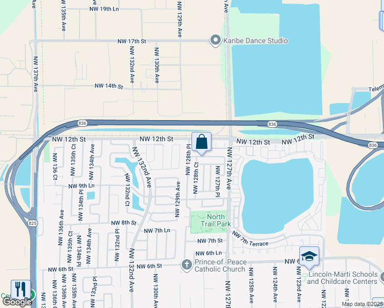 map of restaurants, bars, coffee shops, grocery stores, and more near 1174 Northwest 128th Place in Miami