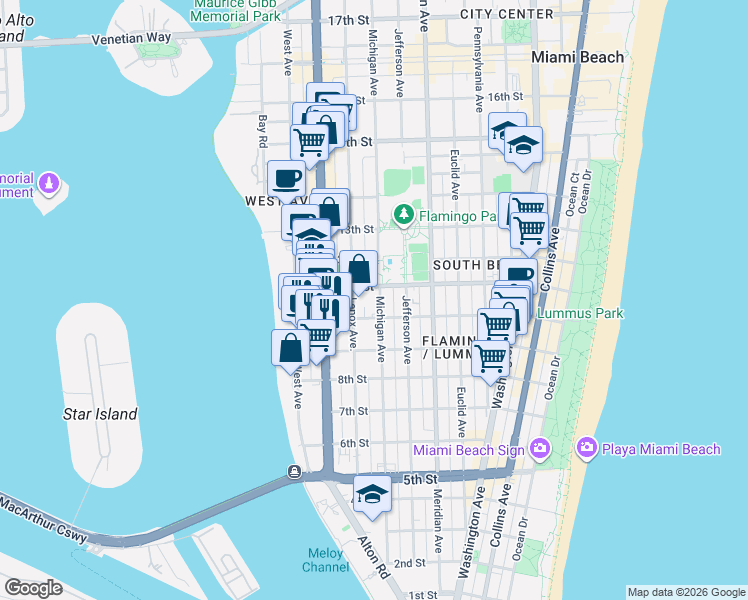 map of restaurants, bars, coffee shops, grocery stores, and more near 1050 Michigan Avenue in Miami Beach