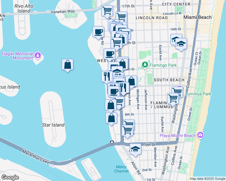 map of restaurants, bars, coffee shops, grocery stores, and more near 1245 11th Street in Miami Beach