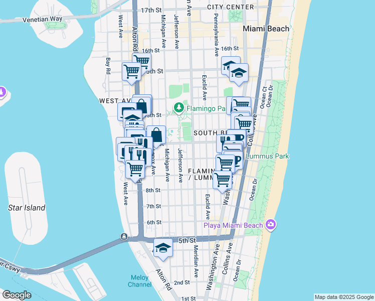 map of restaurants, bars, coffee shops, grocery stores, and more near 1020 Meridian Avenue in Miami Beach