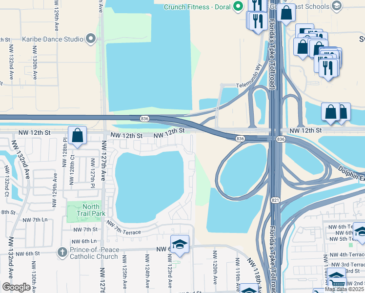 map of restaurants, bars, coffee shops, grocery stores, and more near 1173 Northwest 123rd Place in Miami