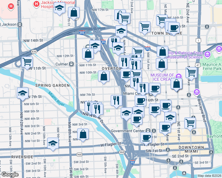 map of restaurants, bars, coffee shops, grocery stores, and more near 420 Northwest 8th Street in Miami