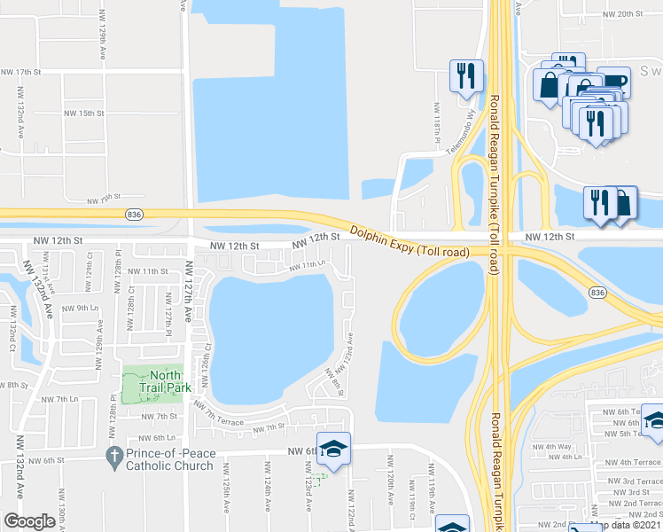 map of restaurants, bars, coffee shops, grocery stores, and more near 12370 Northwest 11th Lane in Miami