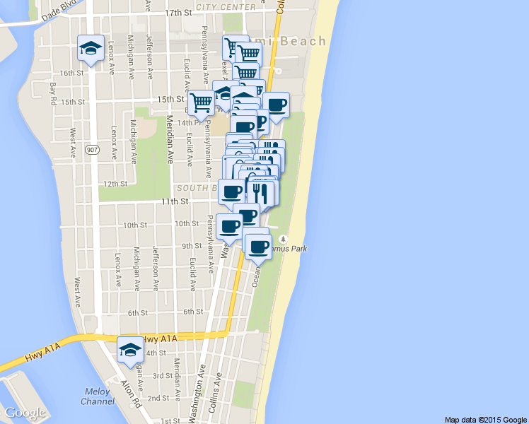 map of restaurants, bars, coffee shops, grocery stores, and more near in Miami Beach