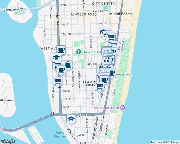map of restaurants, bars, coffee shops, grocery stores, and more near 739 11th Street in Miami Beach