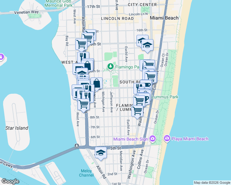 map of restaurants, bars, coffee shops, grocery stores, and more near 1052 Jefferson Avenue in Miami Beach