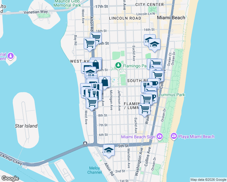 map of restaurants, bars, coffee shops, grocery stores, and more near 1052 Jefferson Avenue in Miami Beach