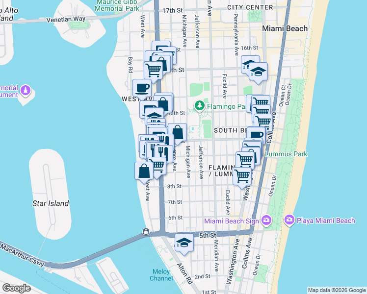 map of restaurants, bars, coffee shops, grocery stores, and more near 1050 Michigan Avenue in Miami Beach