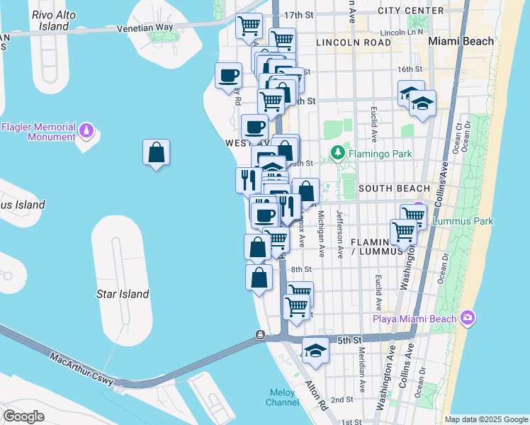 map of restaurants, bars, coffee shops, grocery stores, and more near 1245 11th Street in Miami Beach