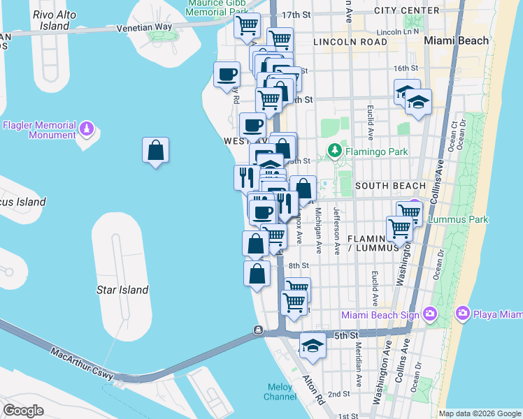 map of restaurants, bars, coffee shops, grocery stores, and more near 1245 11th Street in Miami Beach
