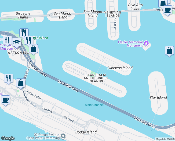 map of restaurants, bars, coffee shops, grocery stores, and more near 195 North Coconut Lane in Miami Beach