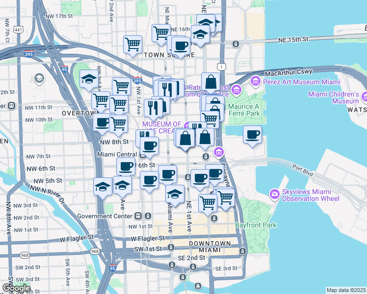 map of restaurants, bars, coffee shops, grocery stores, and more near 51 Northeast 8th Street in Miami