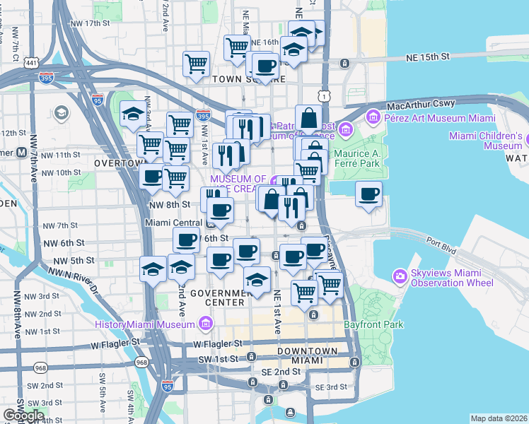 map of restaurants, bars, coffee shops, grocery stores, and more near 51 Northeast 8th Street in Miami
