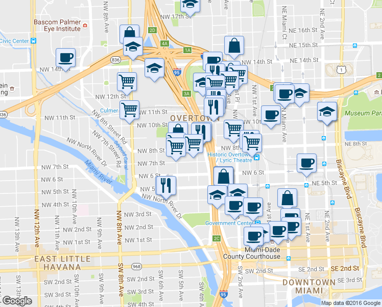 map of restaurants, bars, coffee shops, grocery stores, and more near in Miami