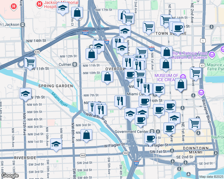 map of restaurants, bars, coffee shops, grocery stores, and more near 419 Northwest 8th Street in Miami